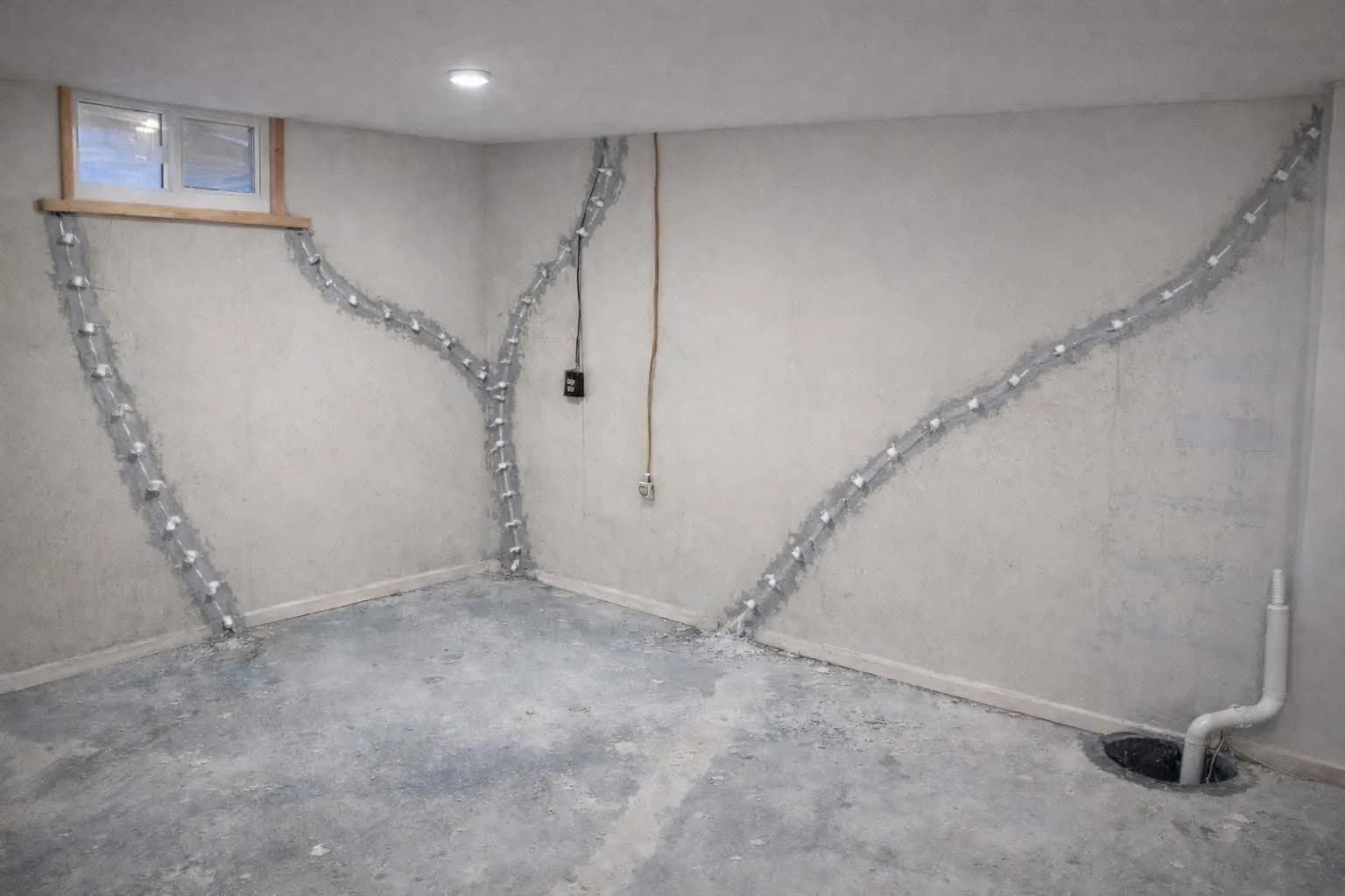 Sealed cracks on a basement wall